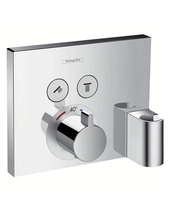 Hansgrohe ShowerSelect termostat til indbygning med 2 afspærringsventiler samt slangeudtag og bruserholder.